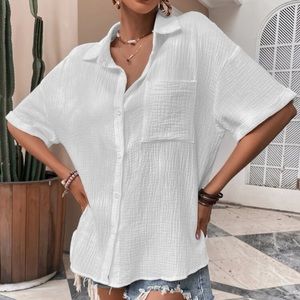 Oversized Short sleeve pocket button up collared shirt white textured boho